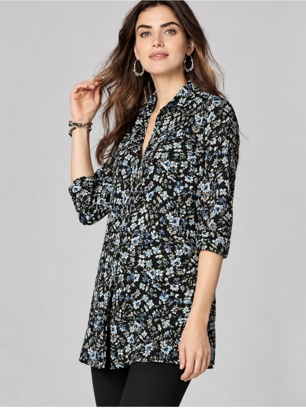 J. Jill Floral Tunic Blouse Black Layered‎ Tiered Button Up Shirt Large Boho
